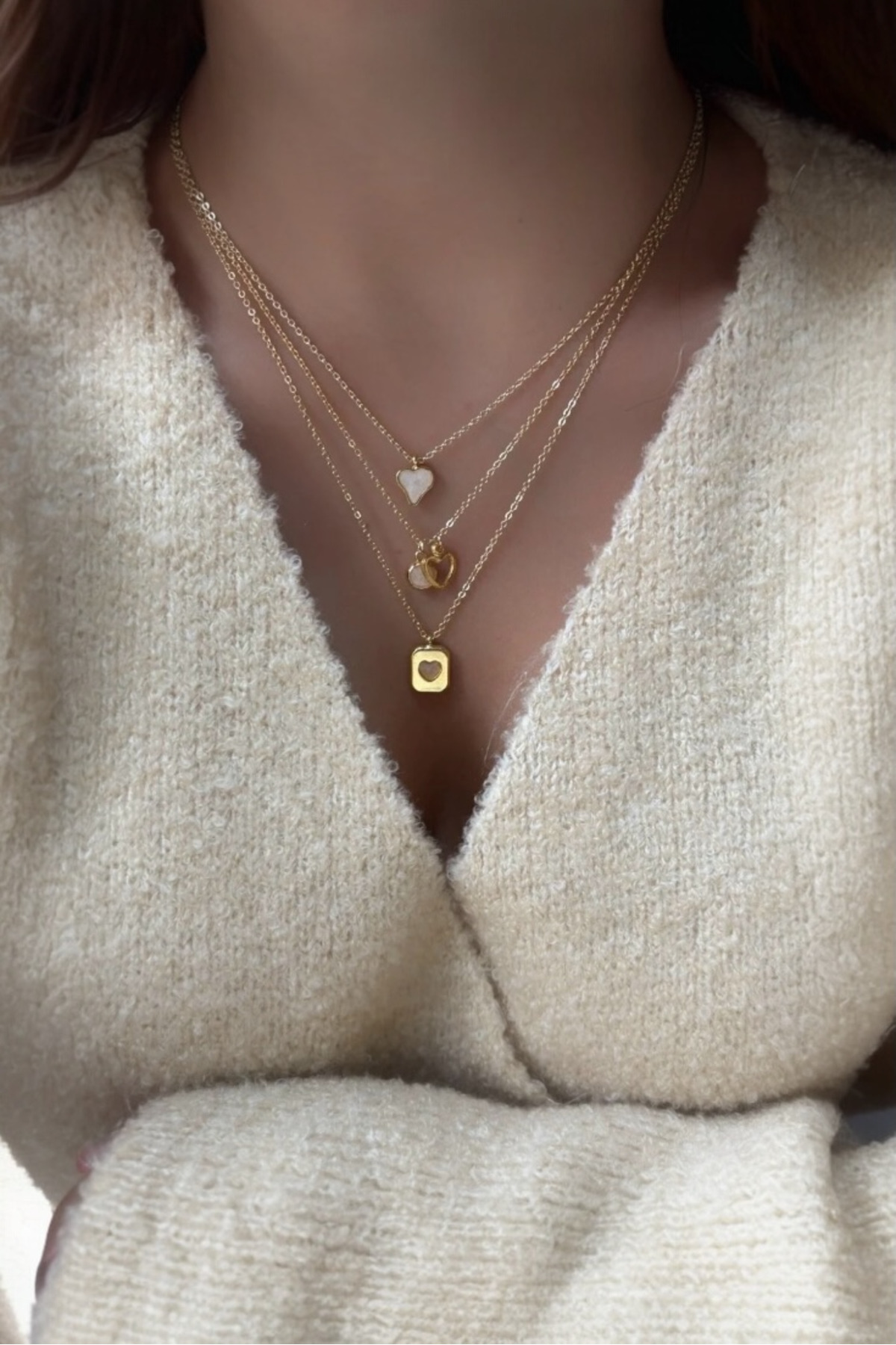 Gold Color Heart Charm 3-Piece Necklace Set