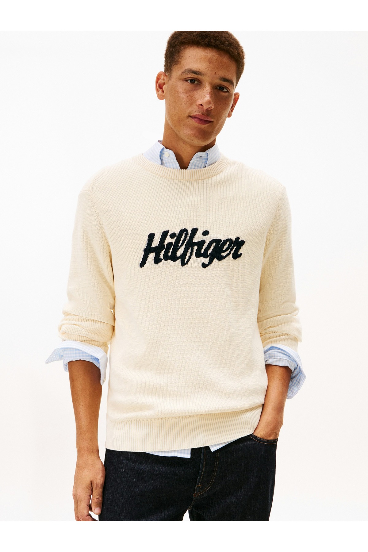 تامی هیلفیگر پلیور مردانه یقه هفت طرح‌دار فصلی نخی بژ - MW0MW41647