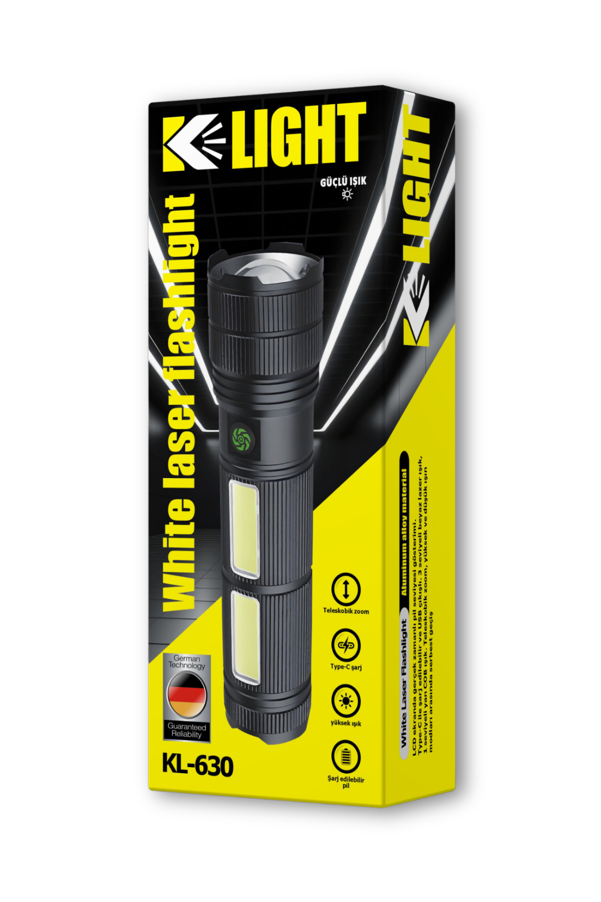 KLIGHT Şarjlı El Feneri - Uzun Menzil Güçlü - Teleskobik Zoom KL