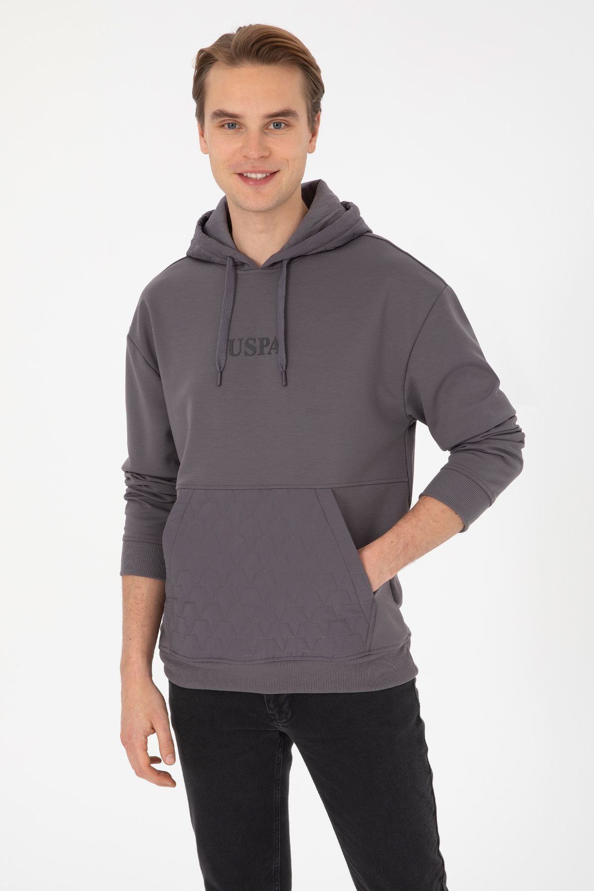 یو اس پولو سویشرت مردانه راحت و کلاه‌دار خاکستری کد ۵۰۳۰۹۹۸۷-VR024