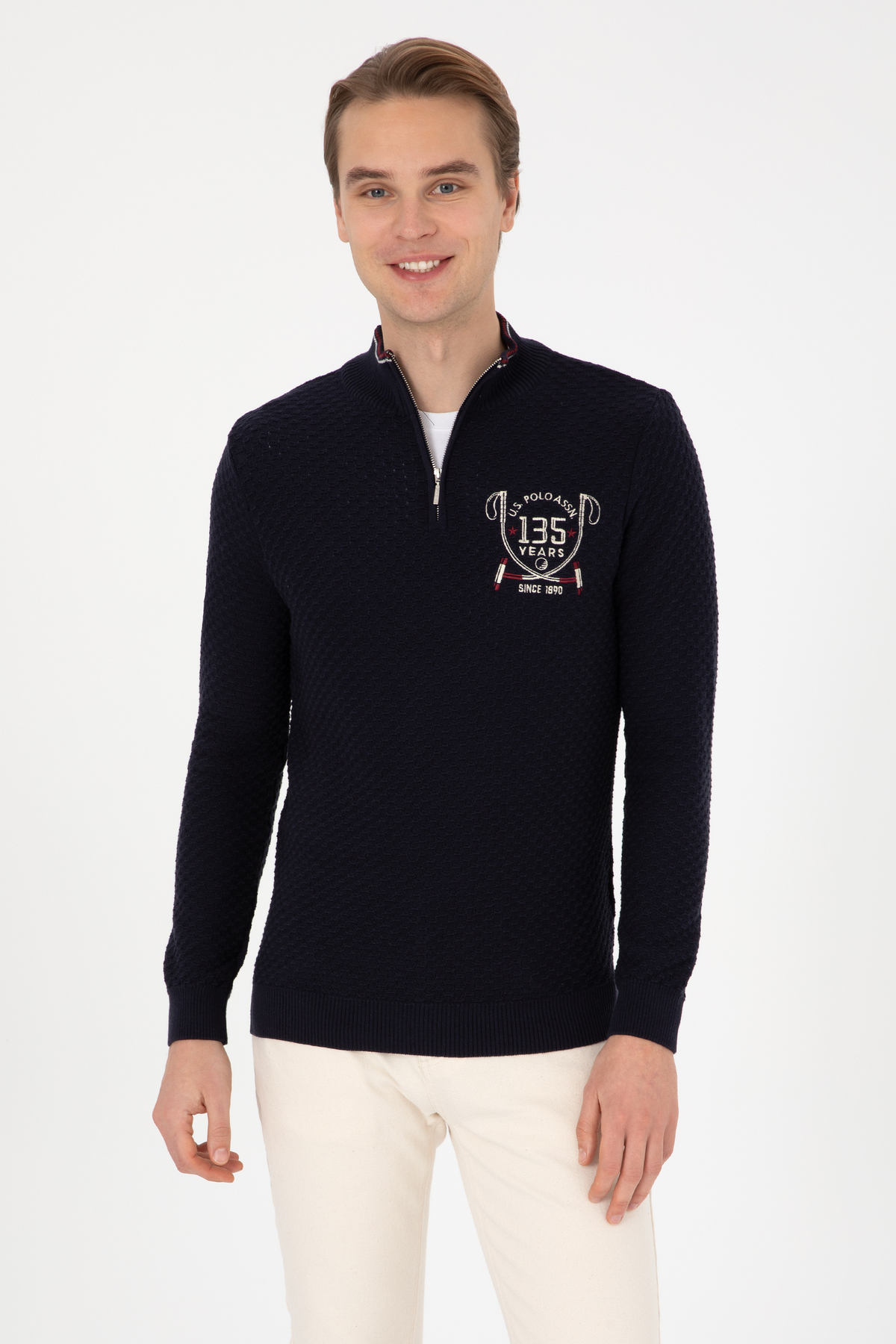 یو اس پولو پلیور مردانه اسلیم فیت نیم زیپ سرمه‌ای ۵۰۳۱۴۱۵۵-VR033