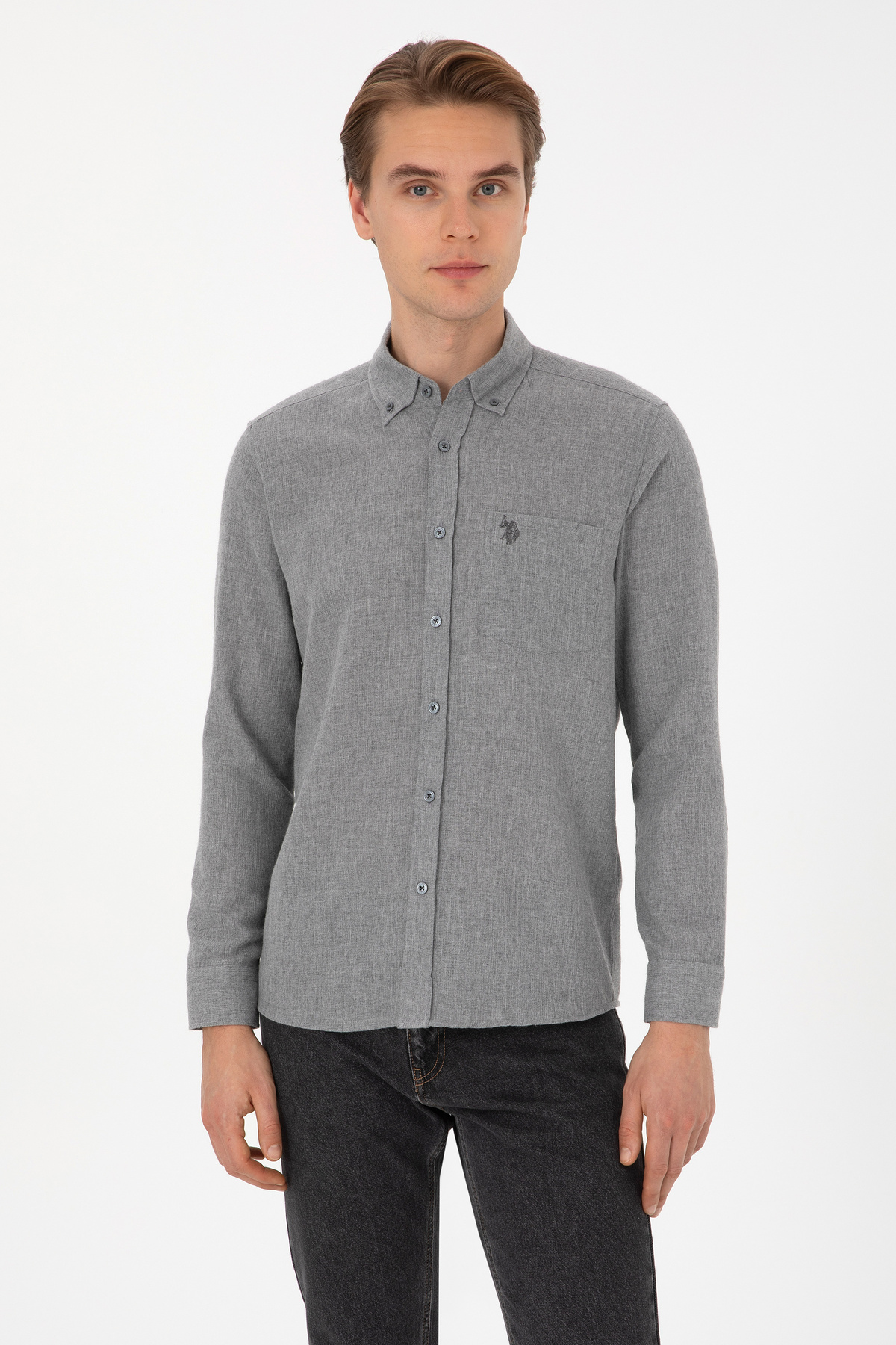 یو اس پولو پیراهن مردانه آستین بلند خاکستری 50308596-VR024