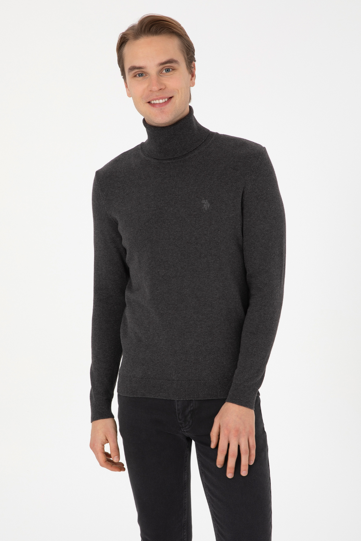 یو اس پولو پلیور مردانه یقه اسکی اسلیم فیت طرح ملانژ آنتراسیت کد ۵۰۳۱۳۶۴۰-VR081