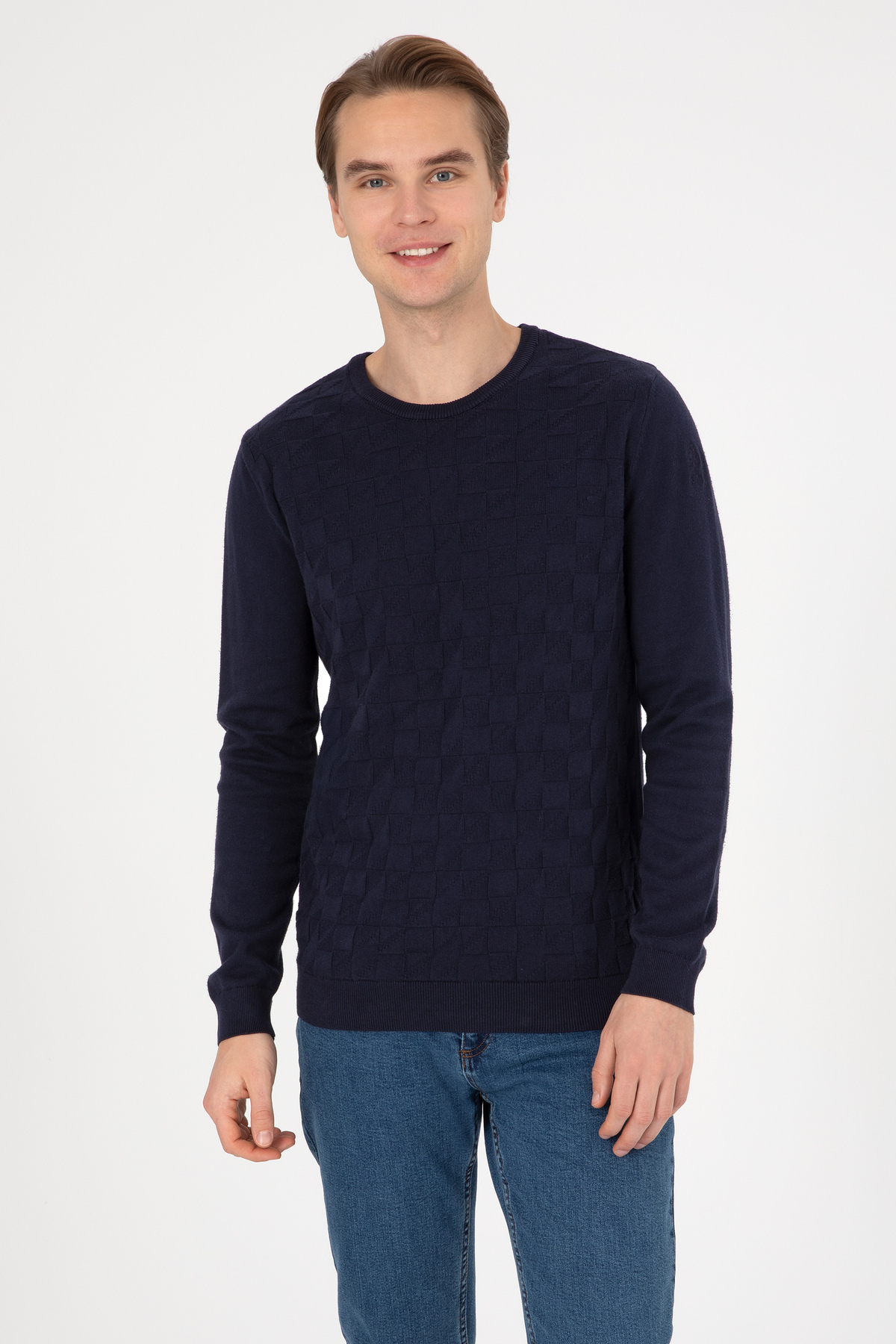 یو اس پولو پلیور مردانه یقه گرد اسلیم فیت سرمه‌ای ساده کد ۵۰۳۰۷۹۲۸-VR033