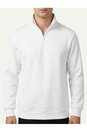 ModaShan Erkek Beyaz Yarım Fermuarlı Dik Yaka Sweatshirt Pamuklu Rahat Şık Sp...