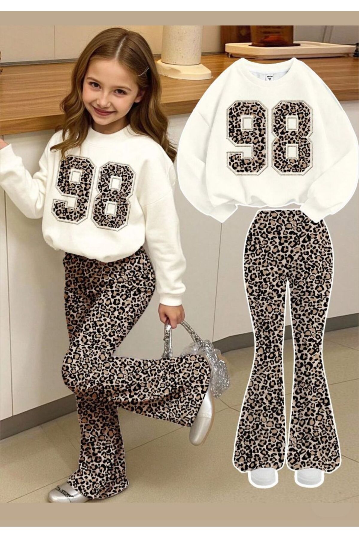 VESTIR BIEN Devojčin beli komplet: 98 Štampano donji deo široke nogavice Sa d...