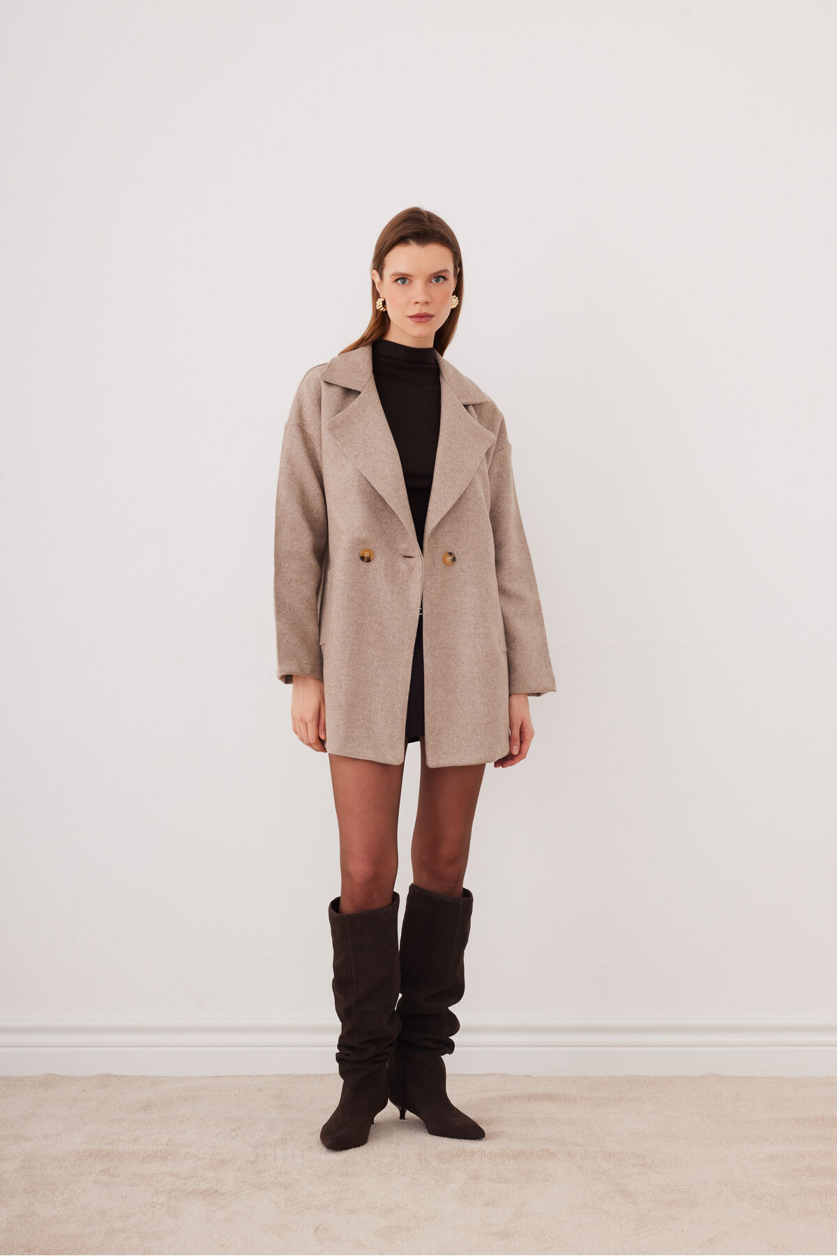 SevdeUgur  Kadın Soğuk Kahve Mocha Oversize Astarlı Kaşe Kaban - Sevde Ugur - Görsel 6