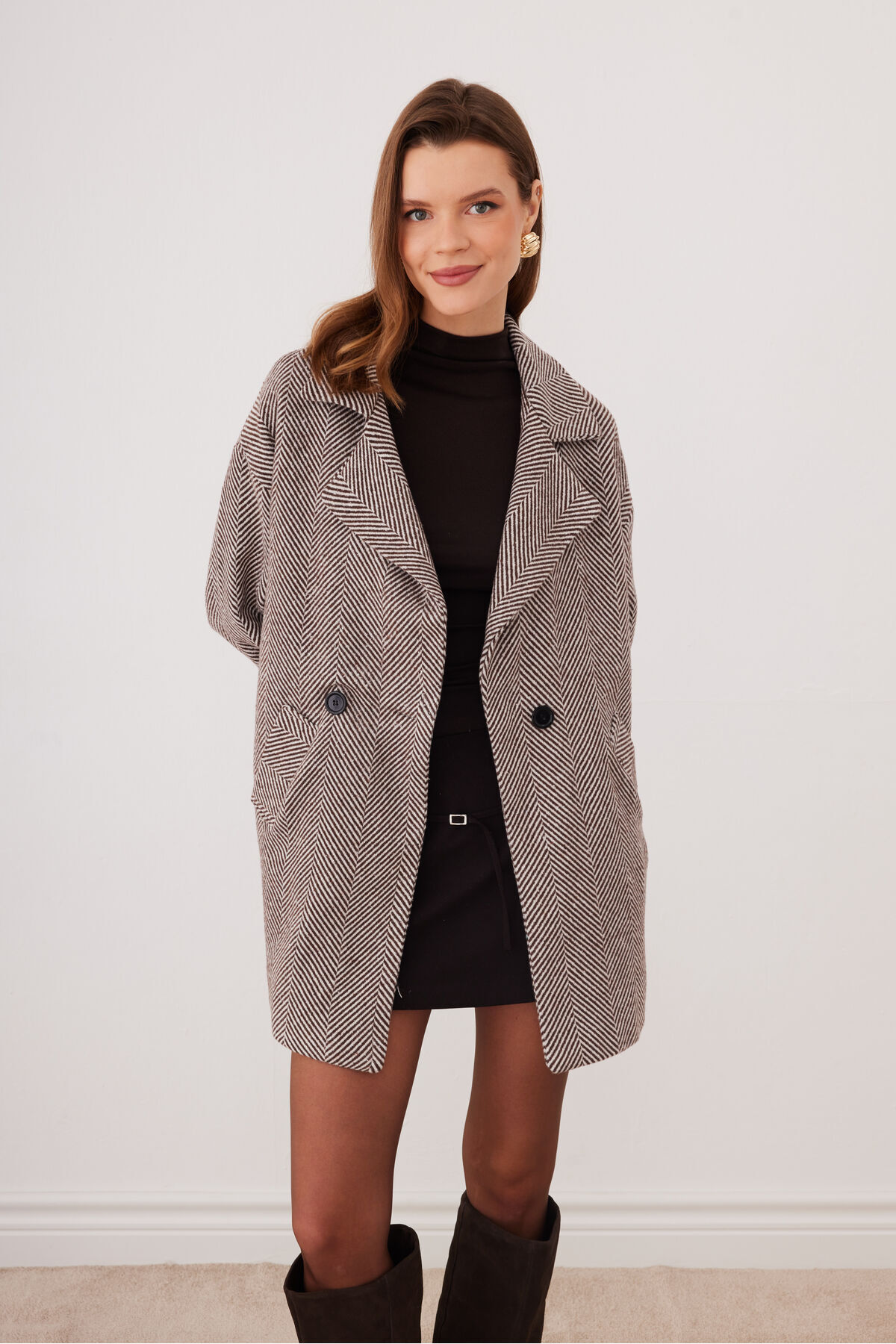 SevdeUgur Ženski smeđi kaput od kašmira sa ribljim leđima i podstavom - Sevde...