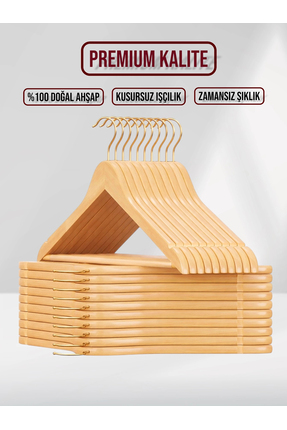 SDF Askı Naturel Ahşap Elbise Pantolon Askısı Gold Kanca 10 adet