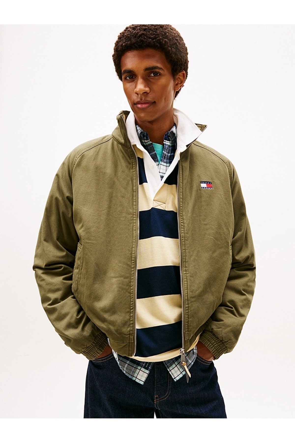 تامی هیلفیگر کاپشن مردانه سبز رنگ TJM طرح جناغی نخی - DM0DM22712