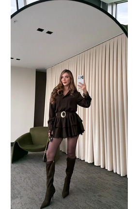 Laluvia Kahverengi Etek Ucu Dantel Detaylı Elbise - 35518