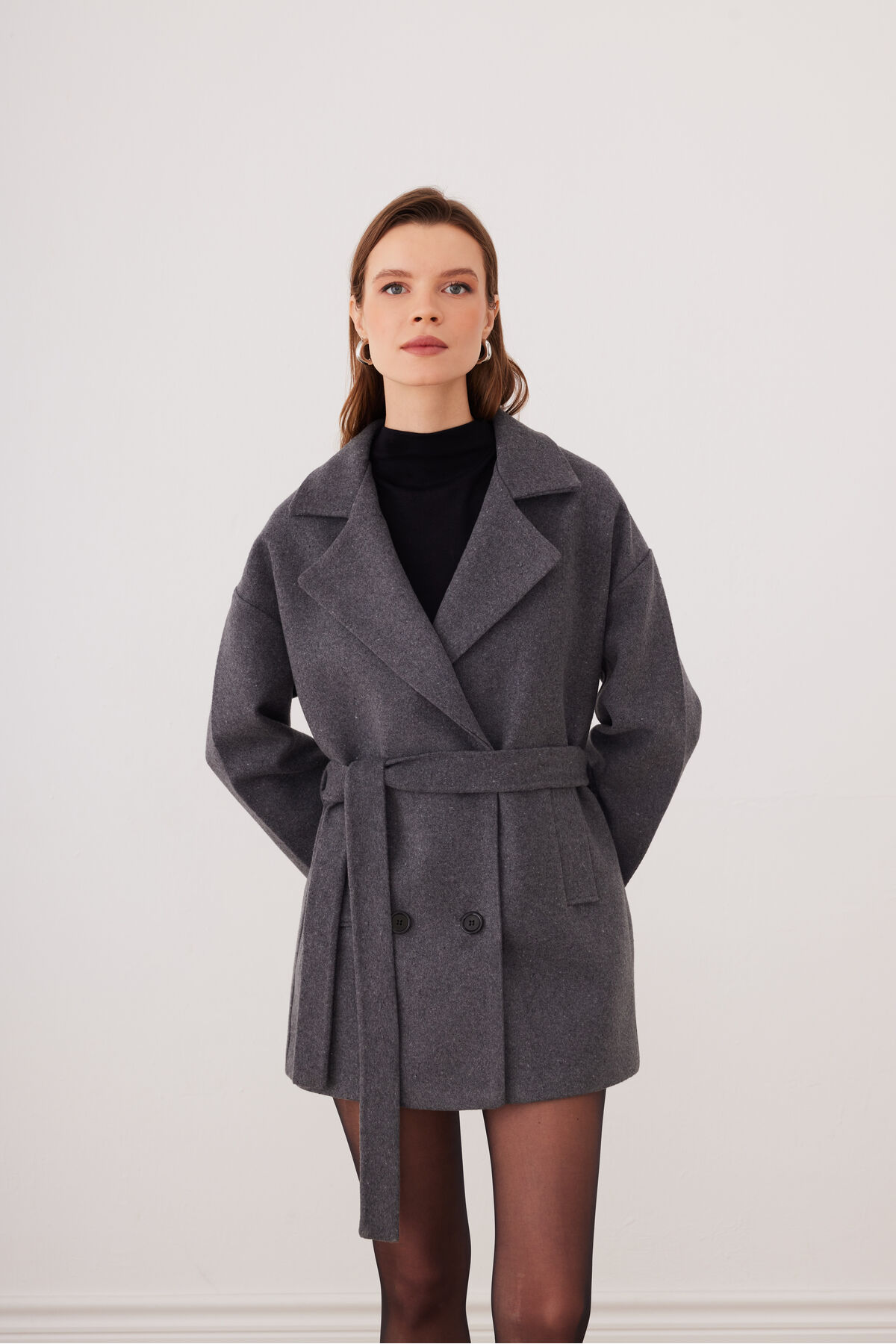 SevdeUgur  Kadın Antrasit Oversize Kısa Kaşe Kaban Kemerli Astarlı - Sevde Ugur - Görsel 8