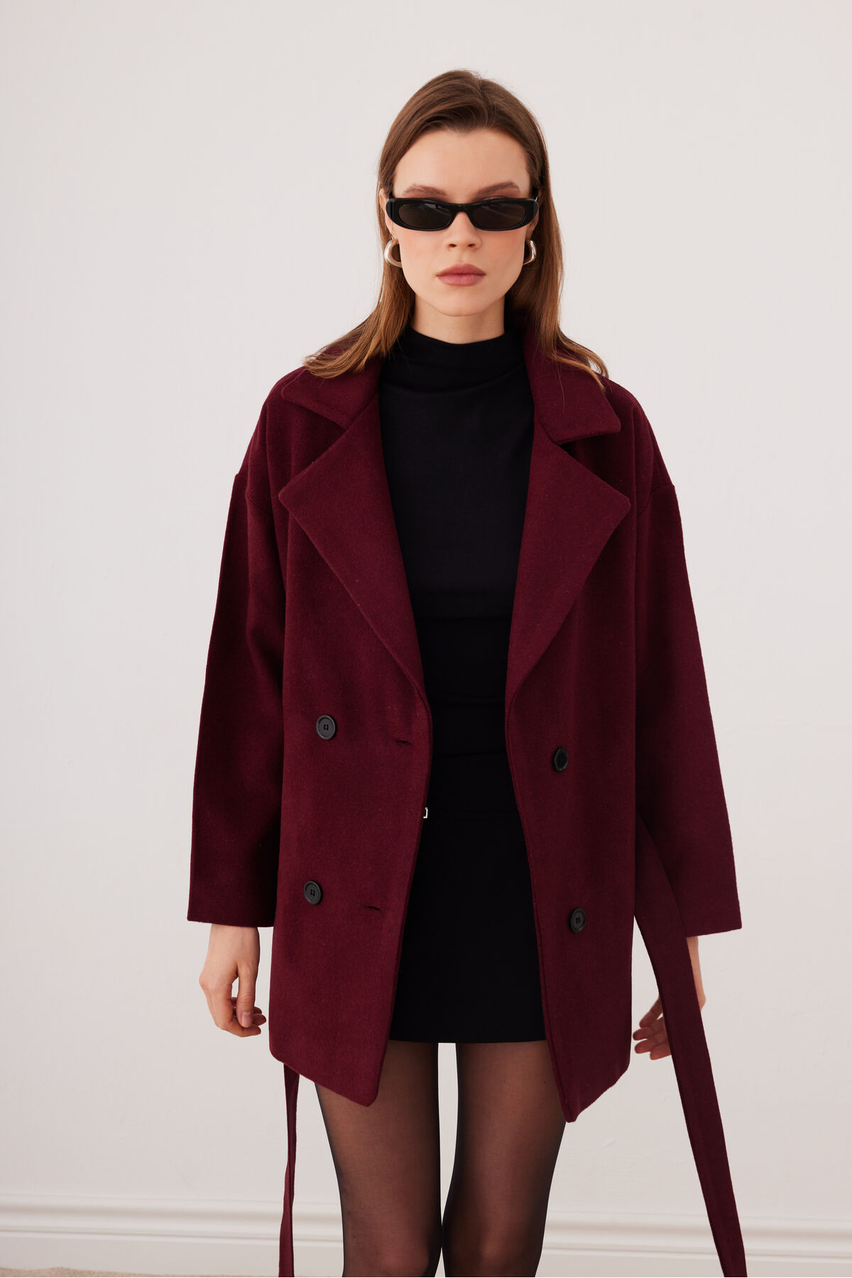 SevdeUgur  Kadın Bordo Oversize Kısa Kaşe Kaban Kemerli Astarlı - Sevde Ugur