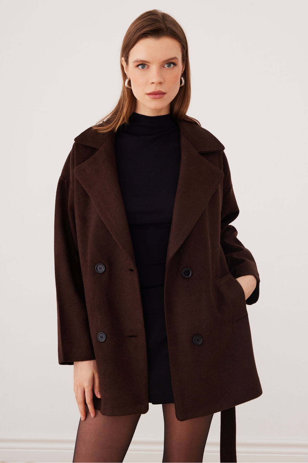 SevdeUgur  Kadın Kahverengi Oversize Kısa Kaşe Kaban Kemerli Astarlı - Sevde Ugur - Görsel 8