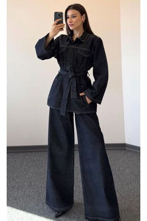 EŞİYOK Koyu Lacivert Bağlamalı Denim Takım Oversize Ceket ve Pantolon