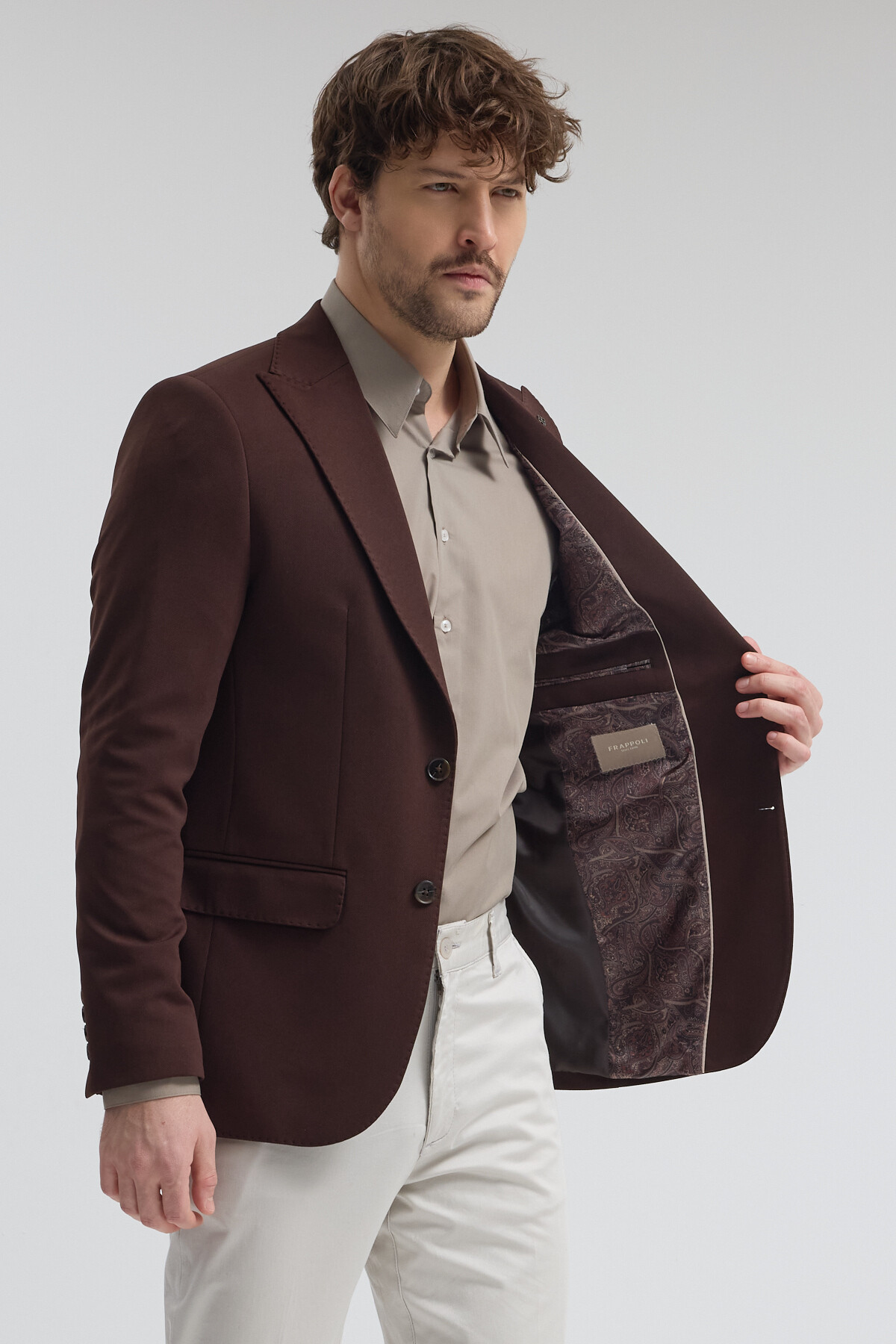 Frappoli  Pique Erkek Kahve Sivri Yaka Esnek Poliviskon Kumaşlı Slim Fit Spor Blazer Ceket - Görsel 6
