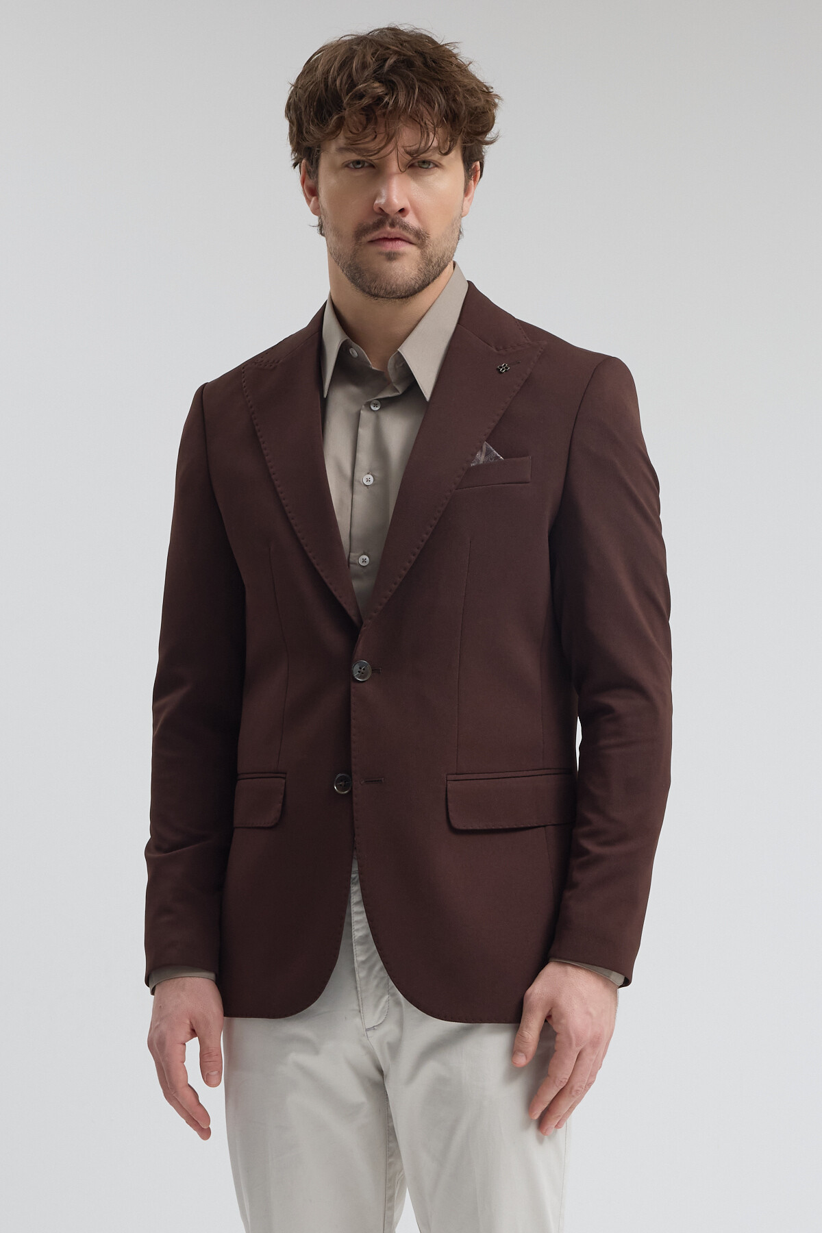 Frappoli  Pique Erkek Kahve Sivri Yaka Esnek Poliviskon Kumaşlı Slim Fit Spor Blazer Ceket