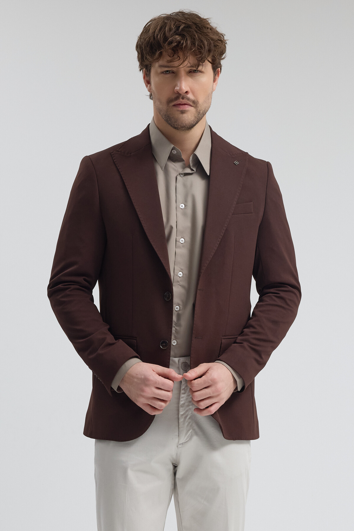 Frappoli  Pique Erkek Kahve Sivri Yaka Esnek Poliviskon Kumaşlı Slim Fit Spor Blazer Ceket - Görsel 3