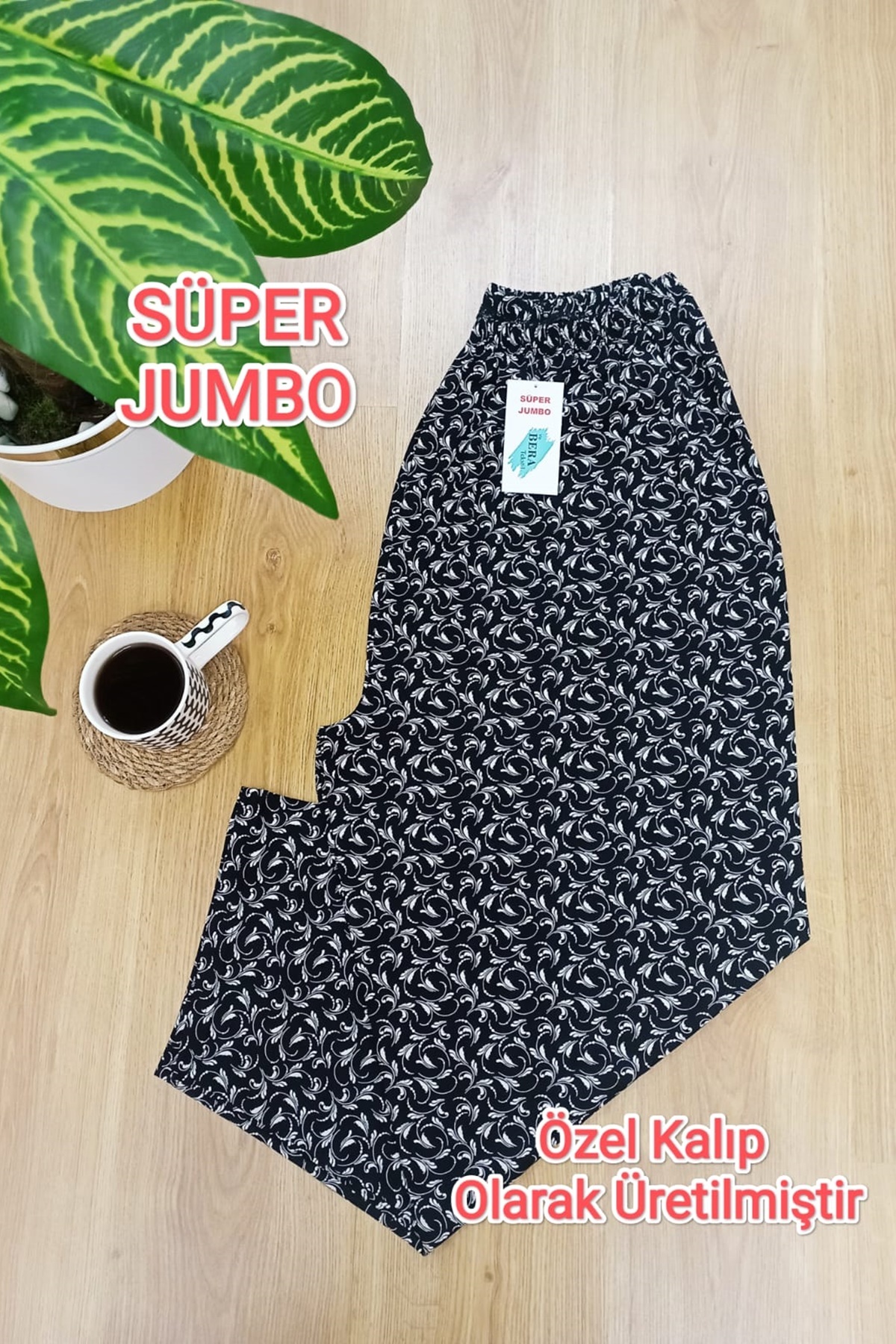 Women's Super Jumbo Plus Size Motif Patterned Combed Cotton Pajamas Bottom