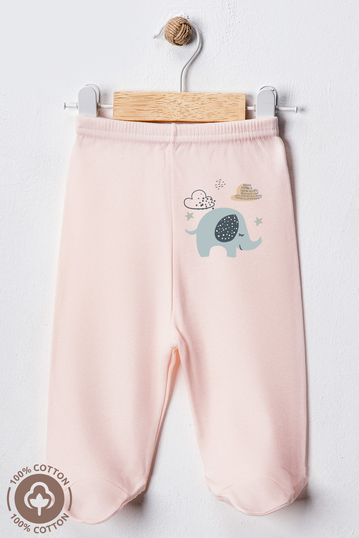 Miniel Unisex Bebek Penye Organik Pamuklu Fil Baskılı 0-6 Ay Patikli Bebek Tek Alt 3'lü Set fotoğrafı 2 (önizleme)