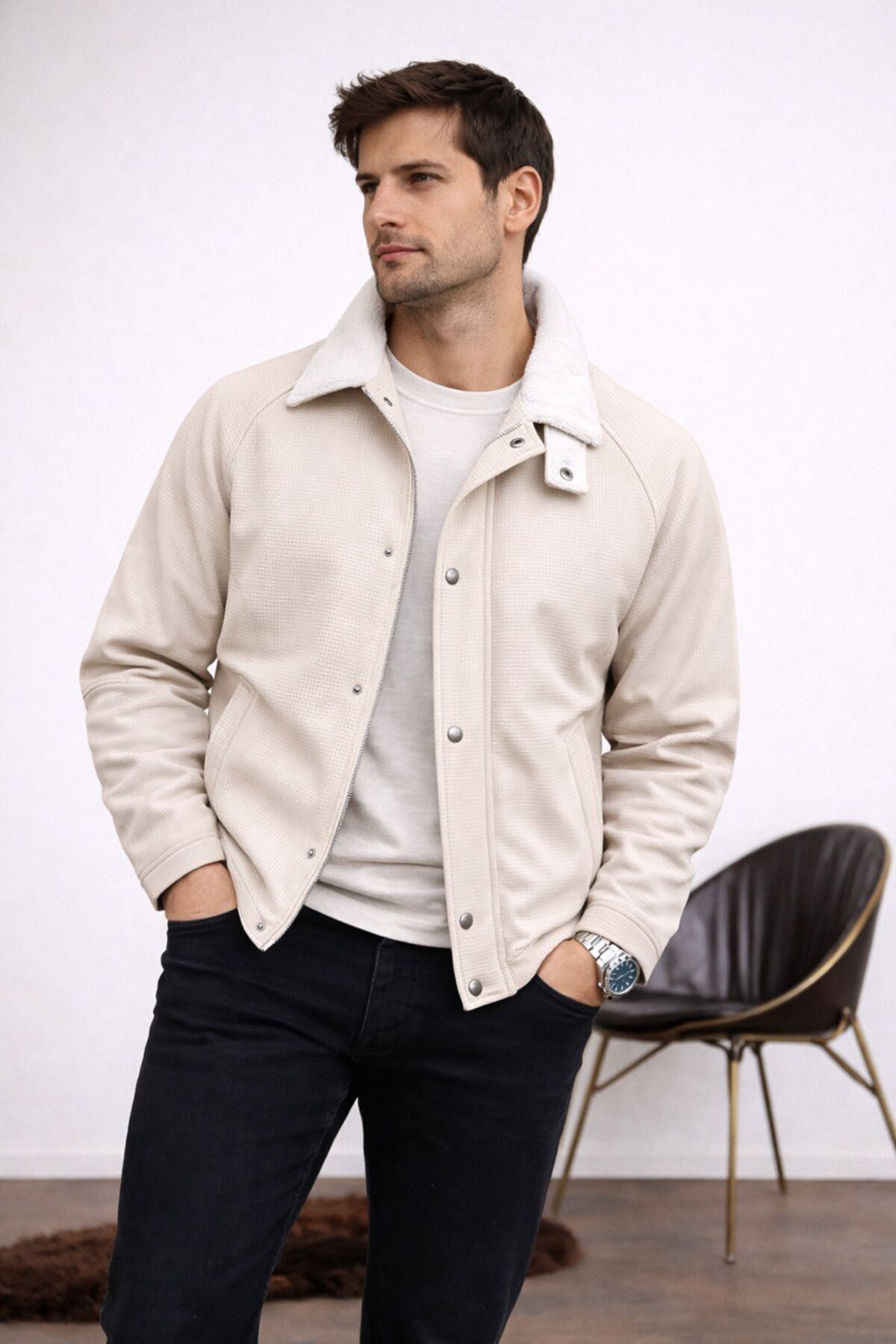 BASEL.CO  Waffle Dokulu Yakası Kadife Detaylı Dizayn Ceket - Görsel 2