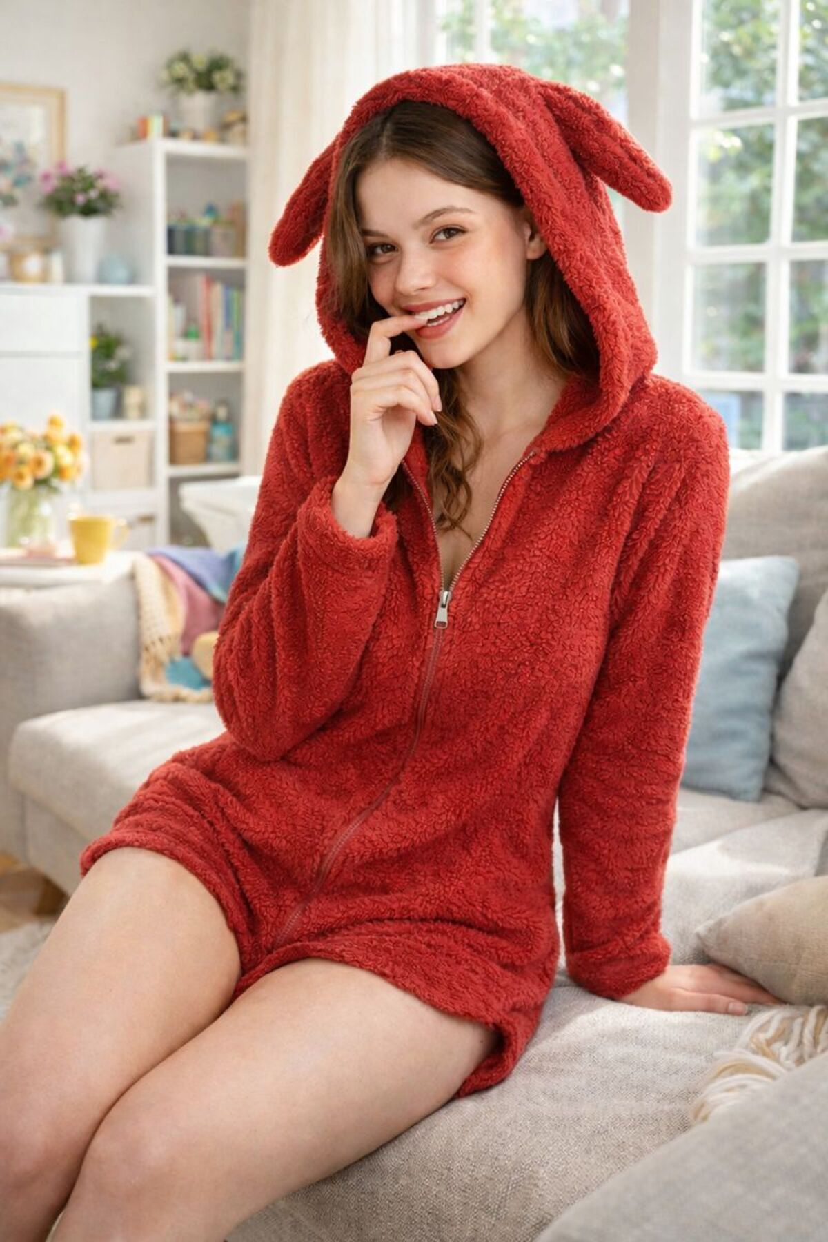 Plush Shorts Jumpsuit with Hooded Ears – Soft, Warm and Comfortable Home Wear- Zippered