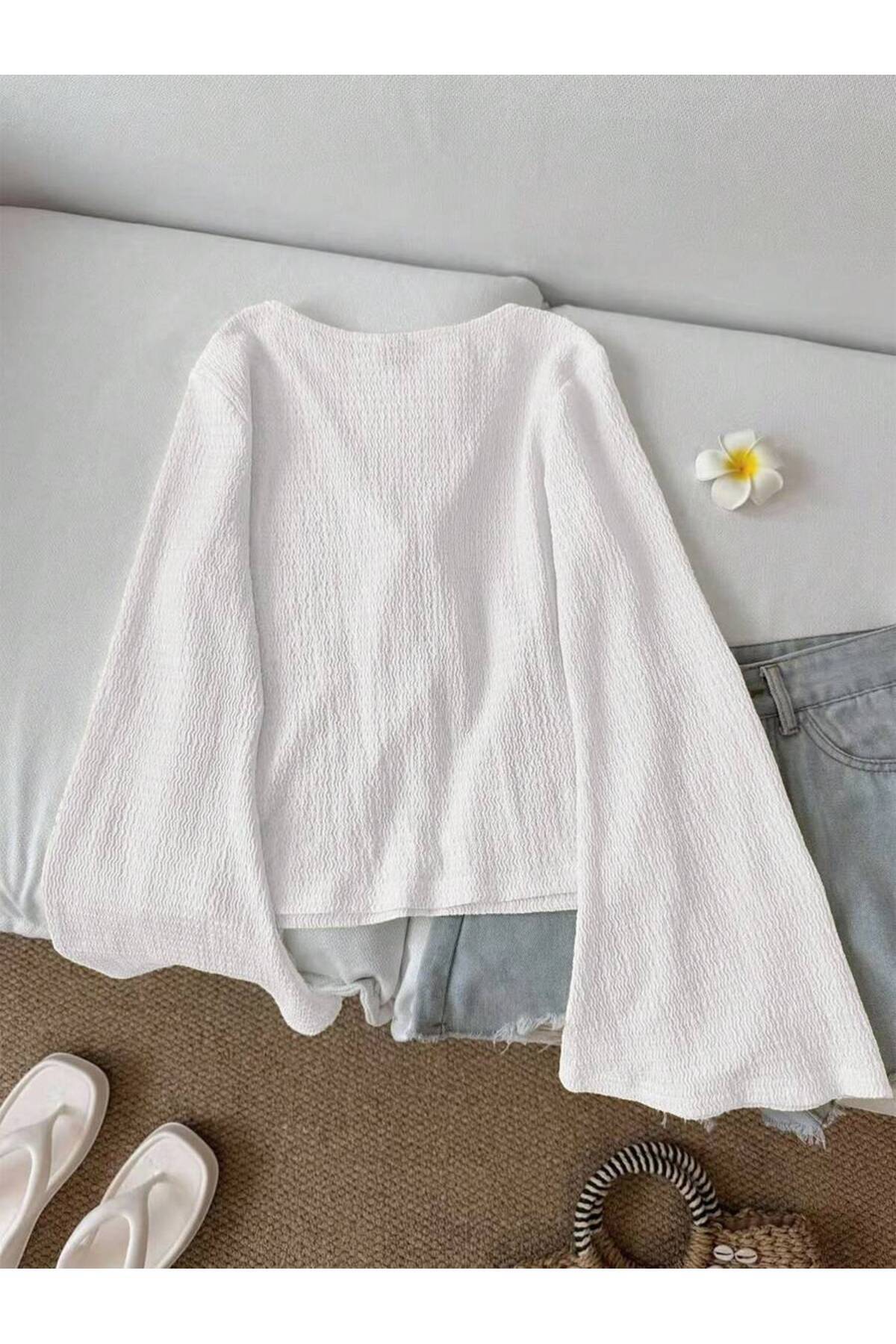 MOONBULL  Kadın Önü 2 Yerden Bağlama Detaylı İspanyol Kol Bürümcük Bluz - Görsel 2