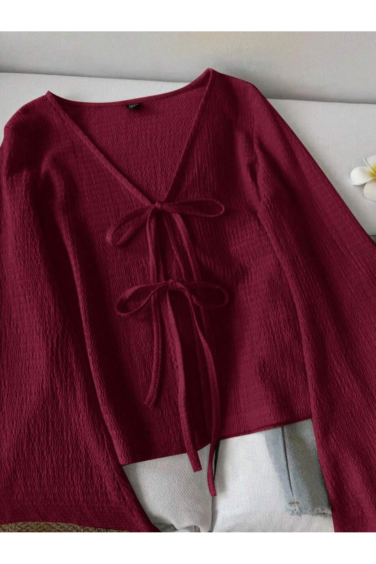 MOONBULL  Kadın Önü 2 Yerden Bağlama Detaylı İspanyol Kol Bürümcük Bluz - Görsel 3