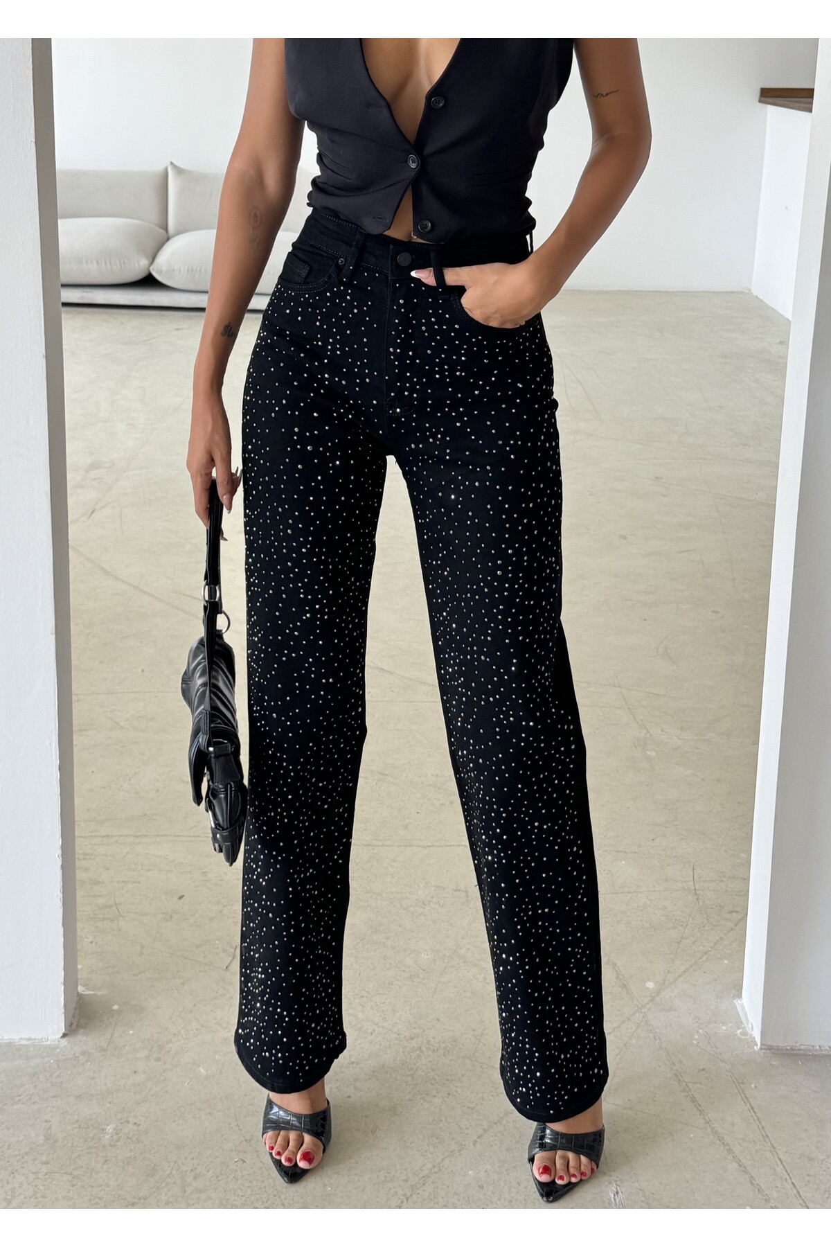 Swet Shop Jeans Γυναικείο τζιν Palazzo με ψηλόμεσο vintage γυαλιστερό σχέδιο ...