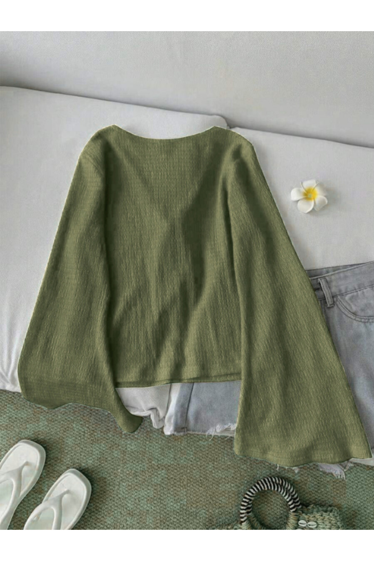 MOONBULL  Kadın Önü 2 Yerden Bağlama Detaylı İspanyol Kol Bürümcük Bluz - Görsel 2