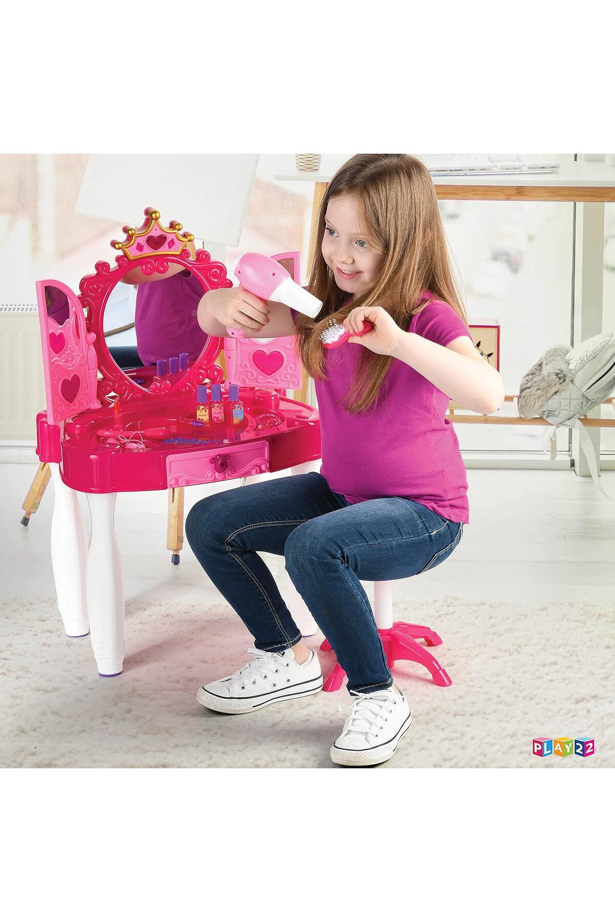 ✨مرآة وكرسي مكونة من 20 قطعة - طقم طاولة فانيتي لمكياج اللأطفال مع الأضواء والأصوات - صالون تجميل👧