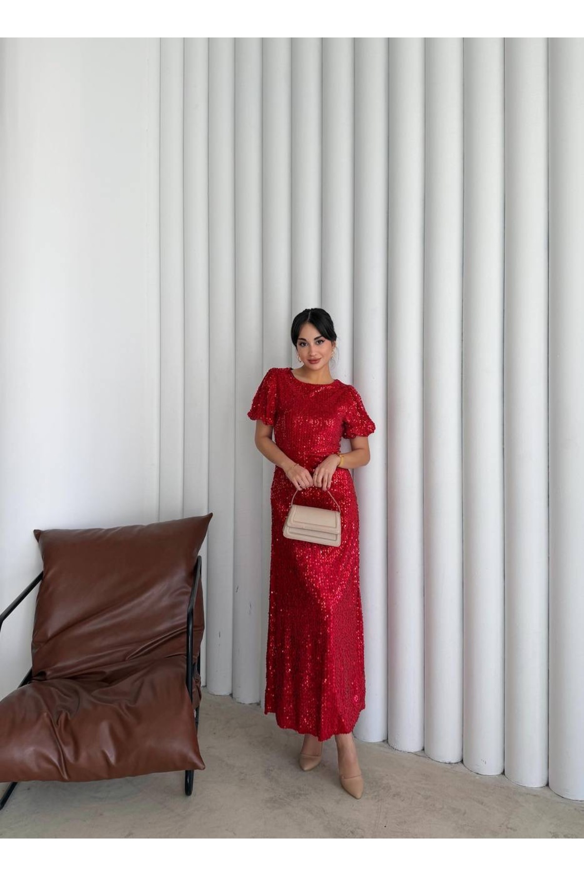red Midi Sequin Size Dress