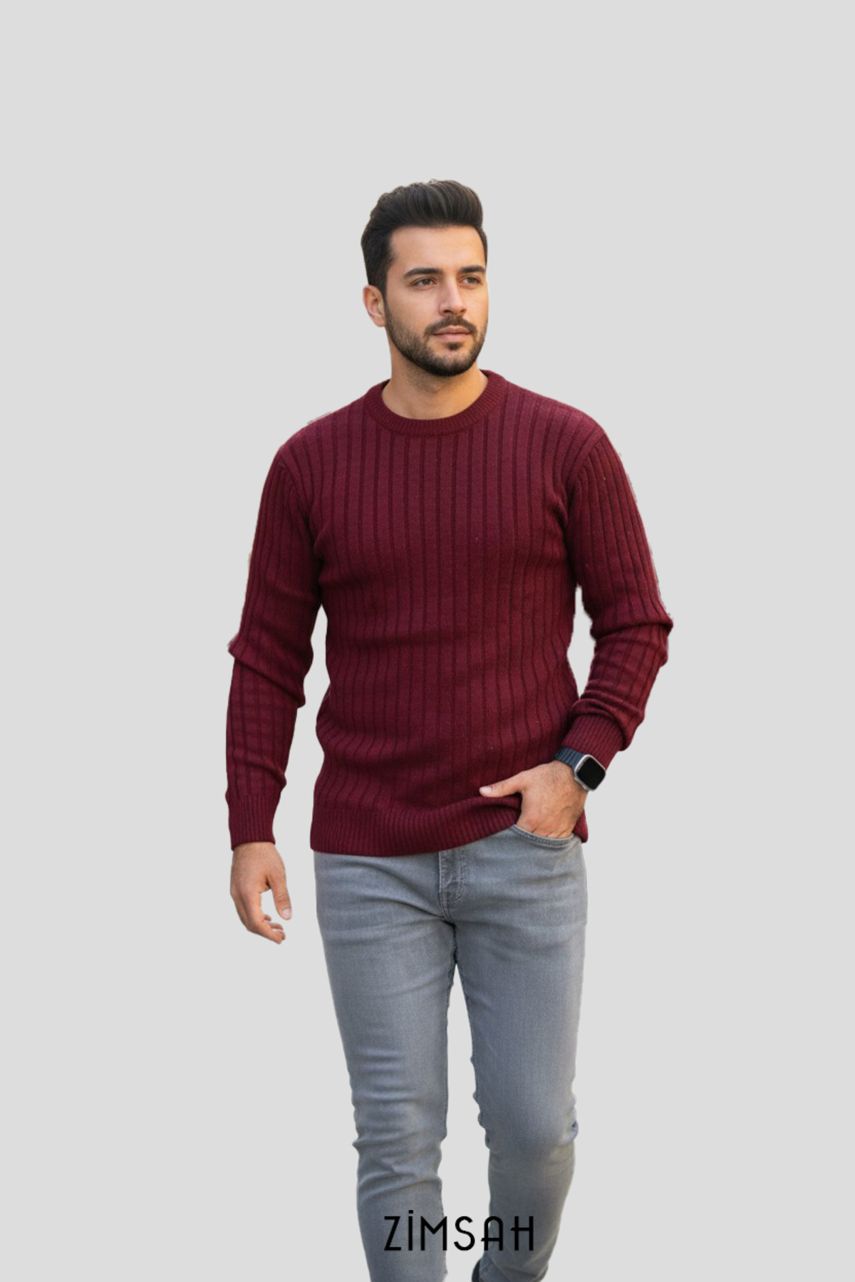 Zimsah  5 Adet Slim Fit Triko Erkek Kazak Bisiklet Yaka (Siyah), (Gri), (Bej), (Zümrüt Yeşili), (Bordo) - Görsel 3