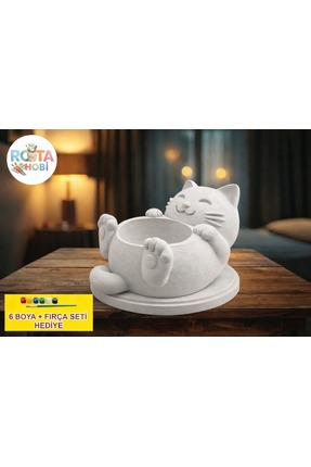 ROTA HOBİ Boyanabilir Oturan Kedi Saksı Figürü – Taş Tozu Mini Dekoratif Bibl...