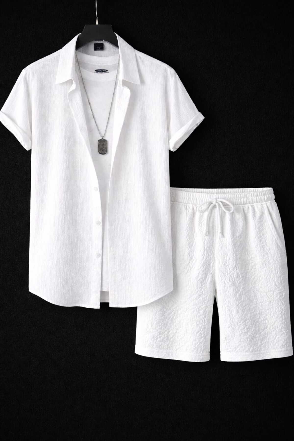 ست شورت آستین کوتاه Boyfriend Fit Seersucker Alaçatı Style Unisex Bürümcük 2