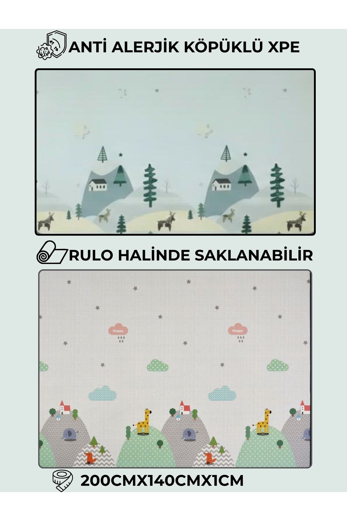 PUREZA Çift Taraflı Rulo Oyun Matı Kaymaz,Darbe Emici, Geyik Vadisi/Bulutlar Dağlar Yerli Üretim 200x140x1 fotoğrafı 2 (önizleme)