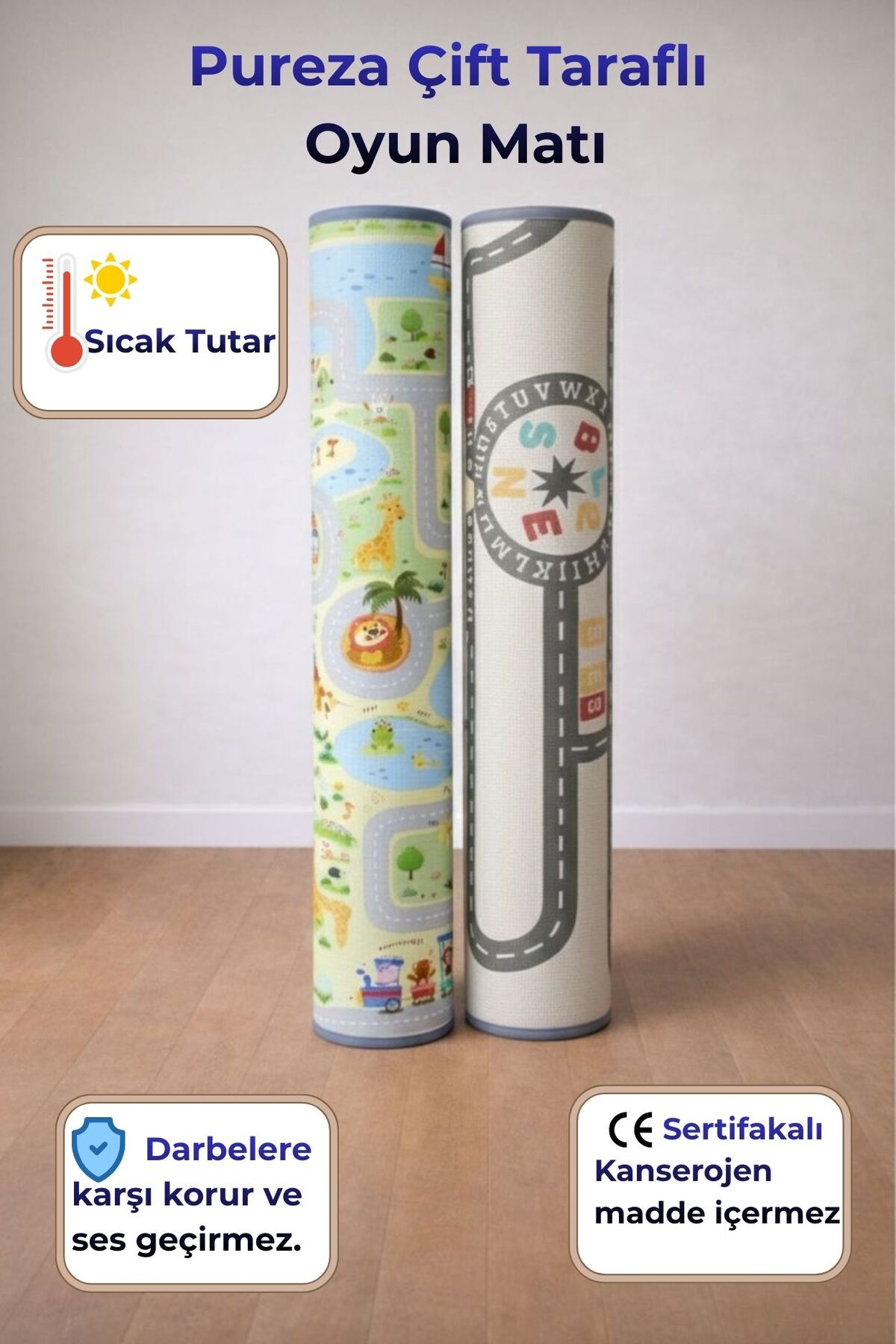 PUREZA Çift Taraflı Rulo Oyun Matı Kaymaz,Darbe Emici, Yeşil Parkur/Araba Yarışı Yerli Üretim 200x140x1 fotoğrafı 2 (önizleme)