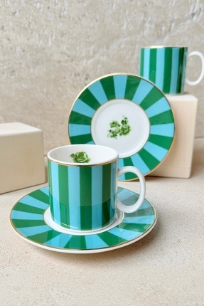 porselenden Candy Green Premium Porselen 4 Parça 2 Kişilik Kahve Fincanı Takı...