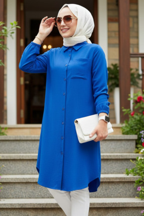 N.S NEVA STYLE Düğmeli Sax Mavisi Tesettür Tunik 30293SX