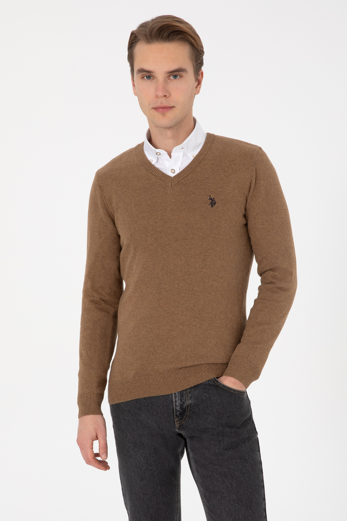 یو اس پولو ژاکت مردانه یقه هفت اسلیم فیت خاکی ملانژ ساده 50313662-VR125