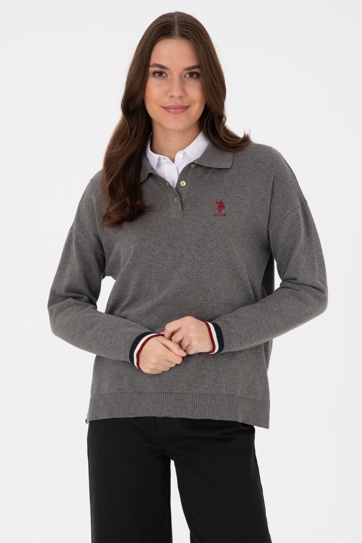 U.S. Polo Assn. Kadın Gri Melanj Polo Yaka Kazak 50314707-VR086