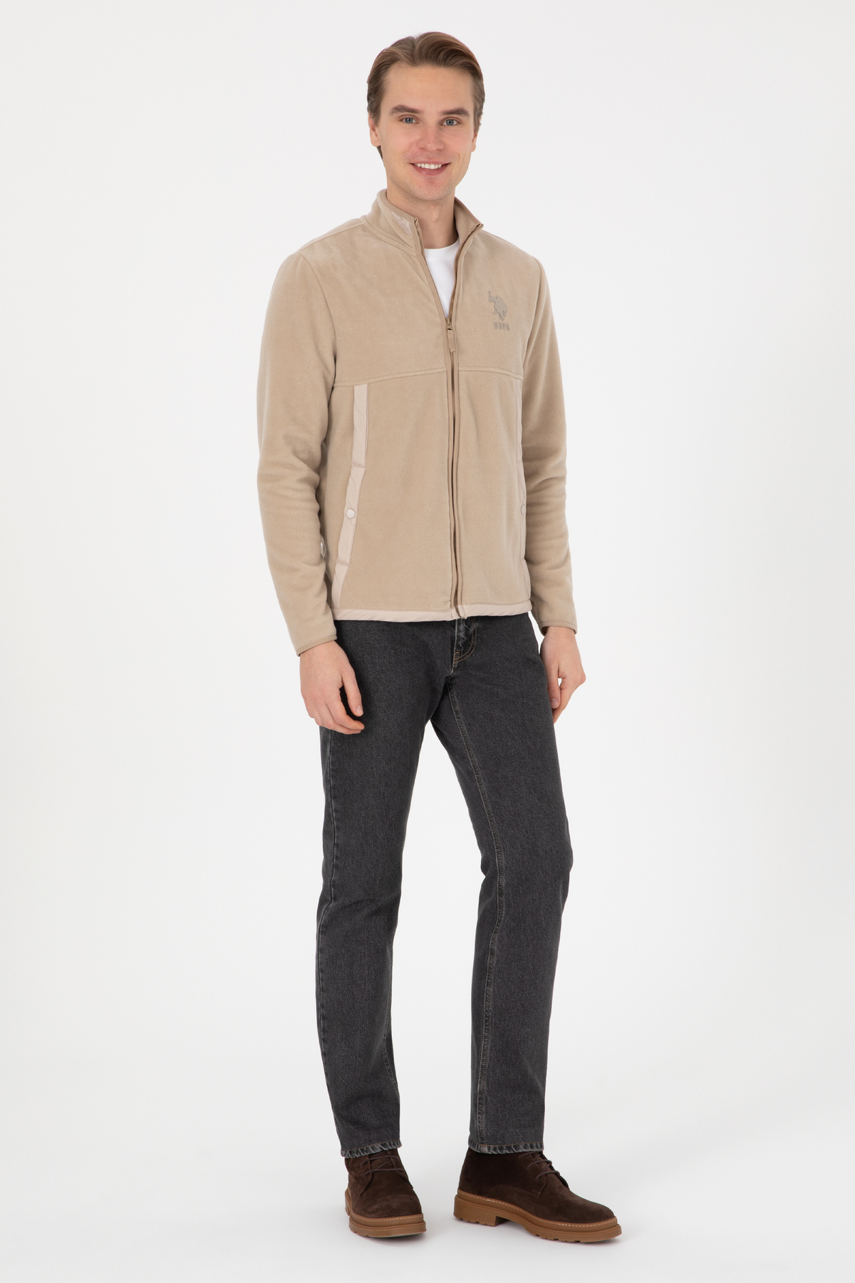 U.S. Polo Assn.  Erkek Regular Fit Fermuarlı Koyu Bej Örme Hırka 50310002-VR088 - Görsel 4