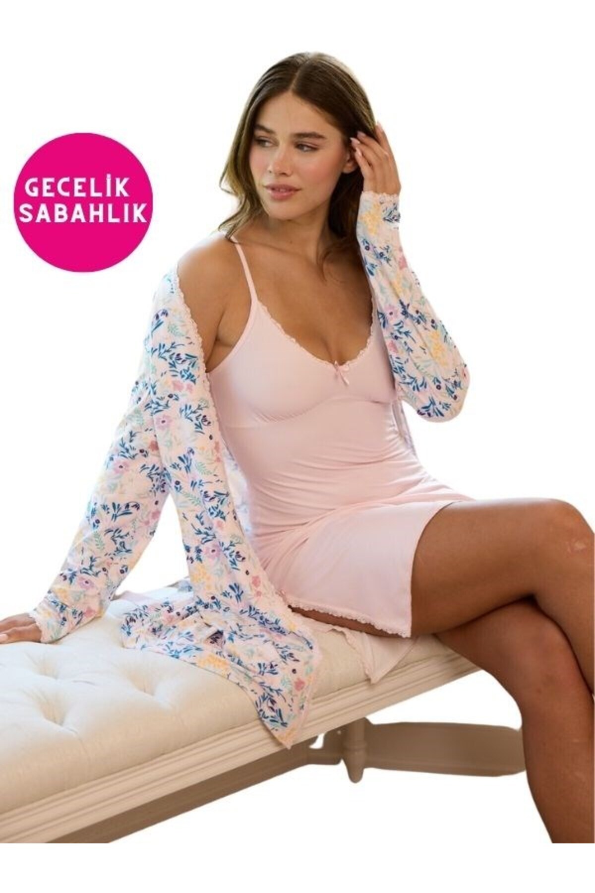 Pijamoni Kadın Çiçekli İp Askılı İnce Dantel Detaylı Çift Taraf Yırtmaçlı 2li Mini Gecelik Sabahlık-Çeyizlik