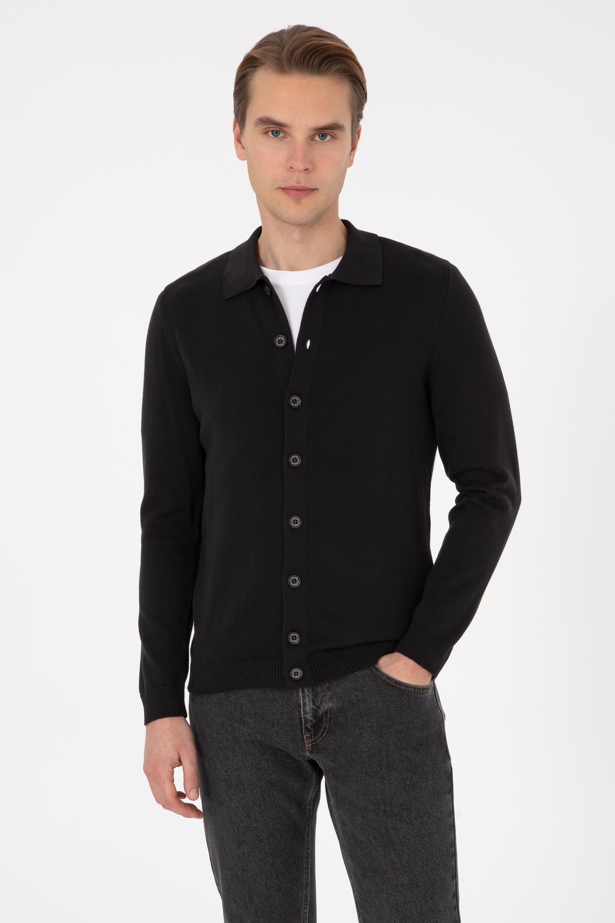 یو اس پولو ژاکت بافتنی مردانه مشکی ساده 50313690-VR046