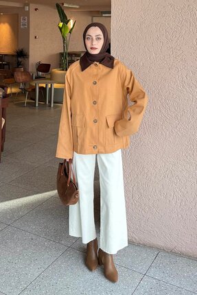 Lamelif Yaka Detaylı Düğmeli Gabardin Ceket TABA