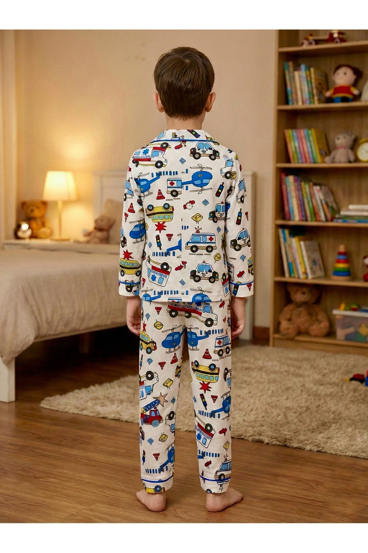 Enie Unisex Çocuk %100 Pamuk Ambulans Desenli Uyku Gözlüklü Pijama Takımı fotoğrafı 6 (önizleme)