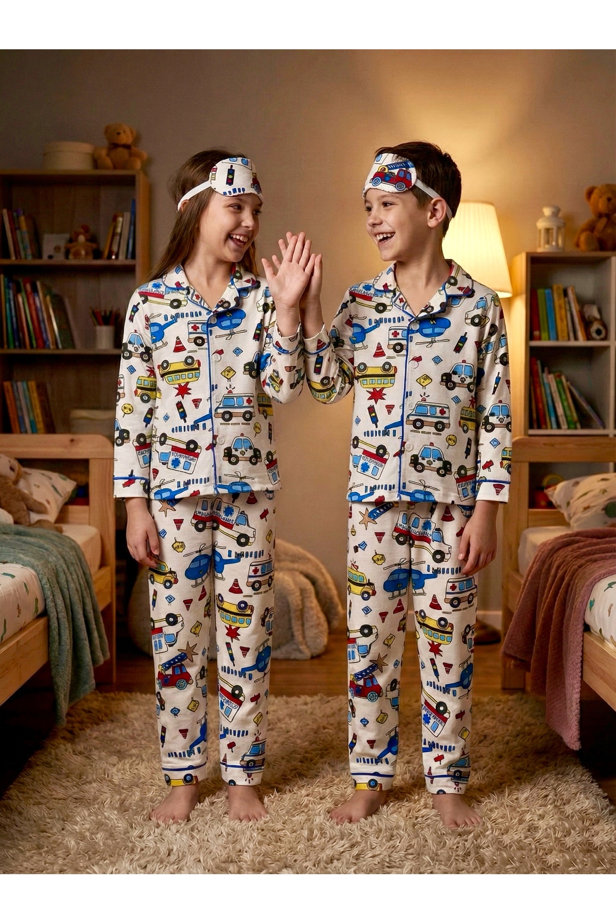 Enie Unisex Çocuk %100 Pamuk Ambulans Desenli Uyku Gözlüklü Pijama Takımı fotoğrafı 4 (önizleme)