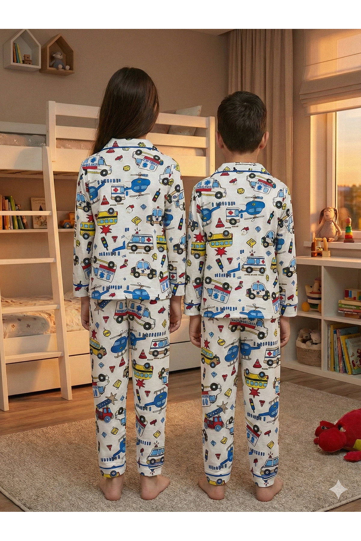 Enie Unisex Çocuk %100 Pamuk Ambulans Desenli Uyku Gözlüklü Pijama Takımı fotoğrafı 3 (önizleme)