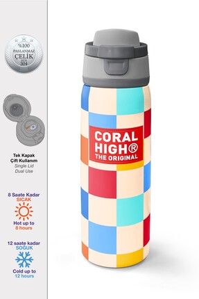 Coral High Çok Renkli Dama Desenli Pipetli ve Direkt İçim Çelik Termos 800 ml...