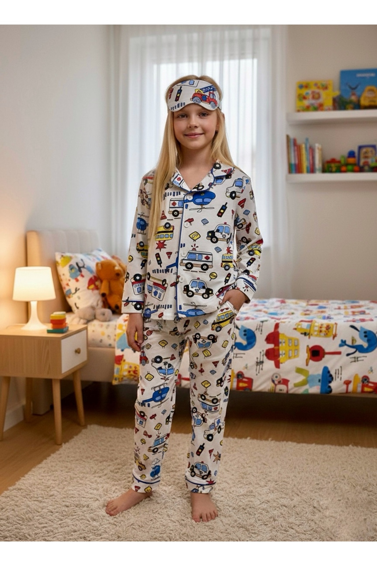 Enie Unisex Çocuk %100 Pamuk Ambulans Desenli Uyku Gözlüklü Pijama Takımı fotoğrafı 7 (önizleme)